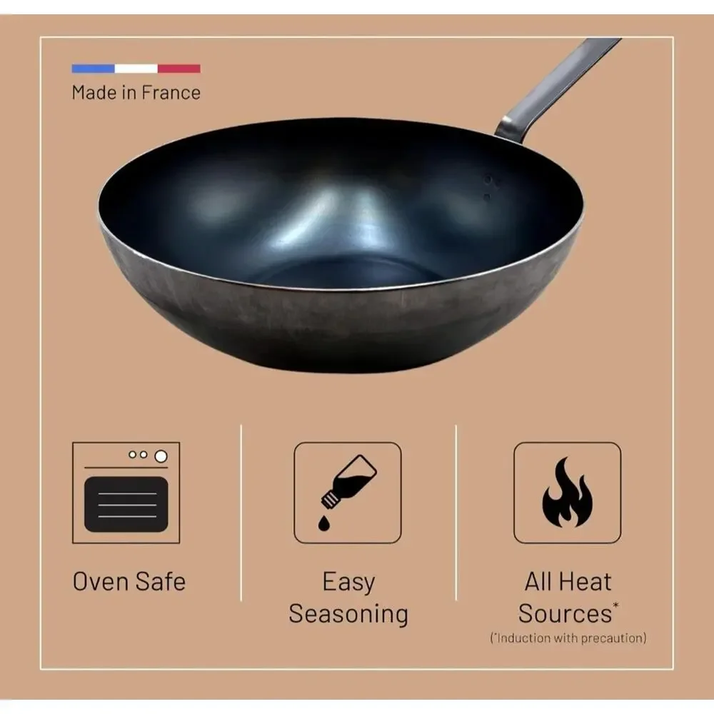 de Buyer - Blue Carbon Steel Wok Pan 2mm Thick 12.5” Diameter, - Made in France